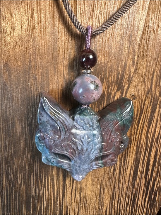 Jewelry - Blue & Purple Ocean Jasper Fox Mask Pendant Necklace on Brown Rope with Garnet